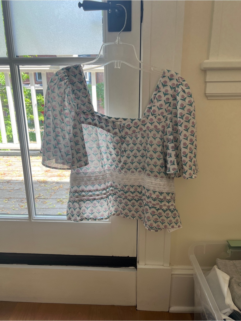 Emerson Fry White Blouse with Pink Floral & Teal Leaves
